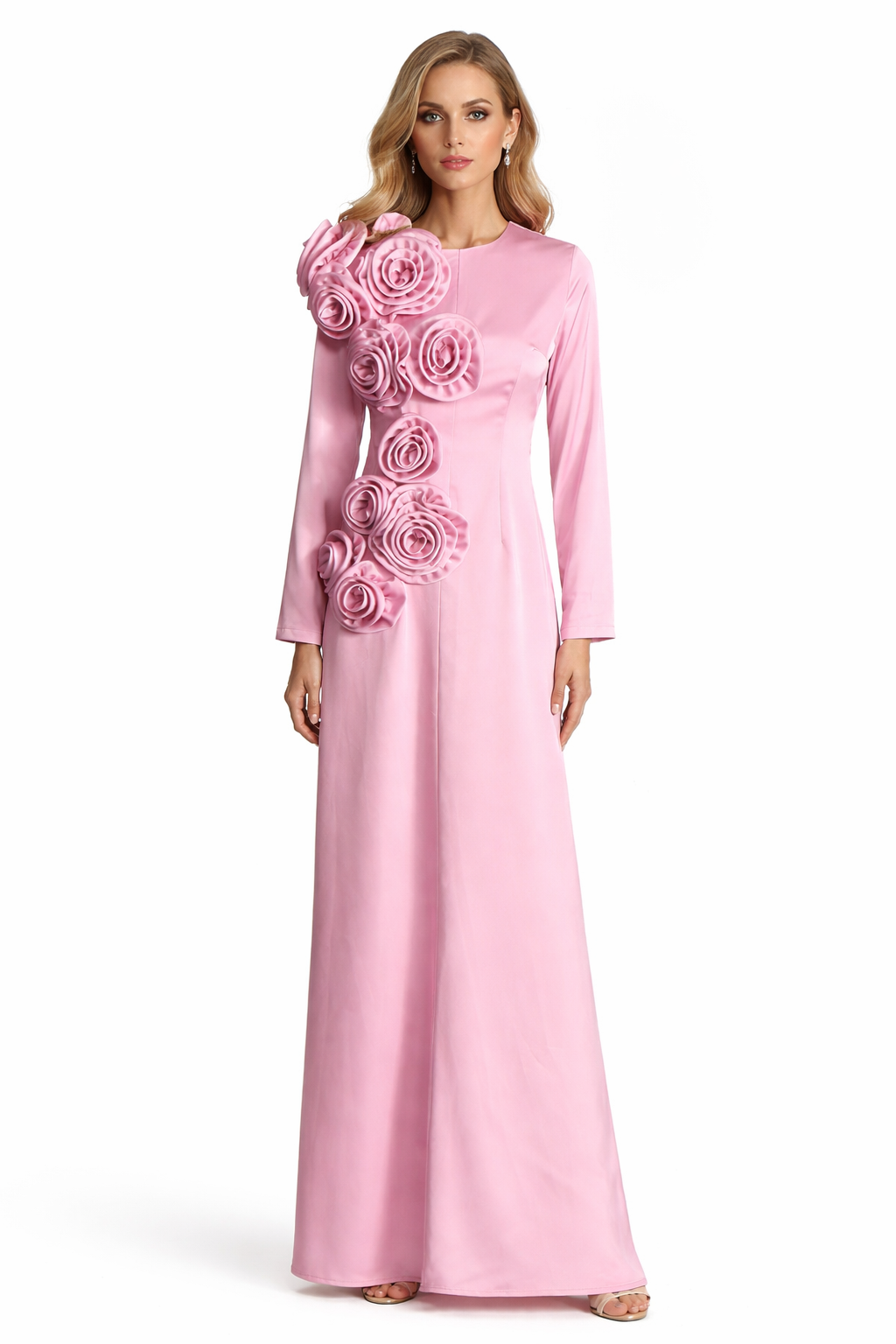long sleeve maxi dress with oversized 3D floral appliqué – ROSALIA