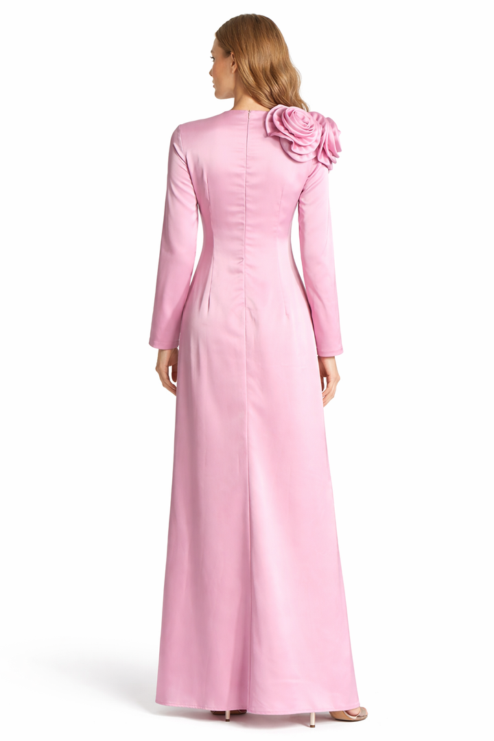 long sleeve maxi dress with oversized 3D floral appliqué – ROSALIA