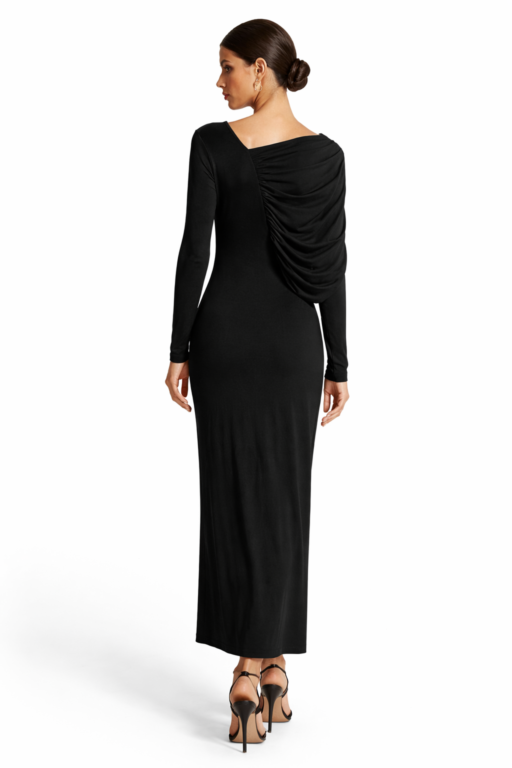 one-shoulder ruched long sleeve maxi dress – NOIR