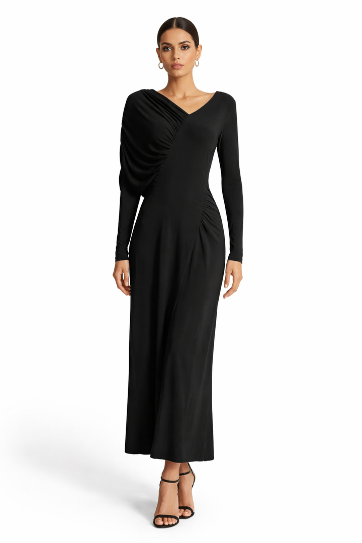 one-shoulder ruched long sleeve maxi dress – NOIR