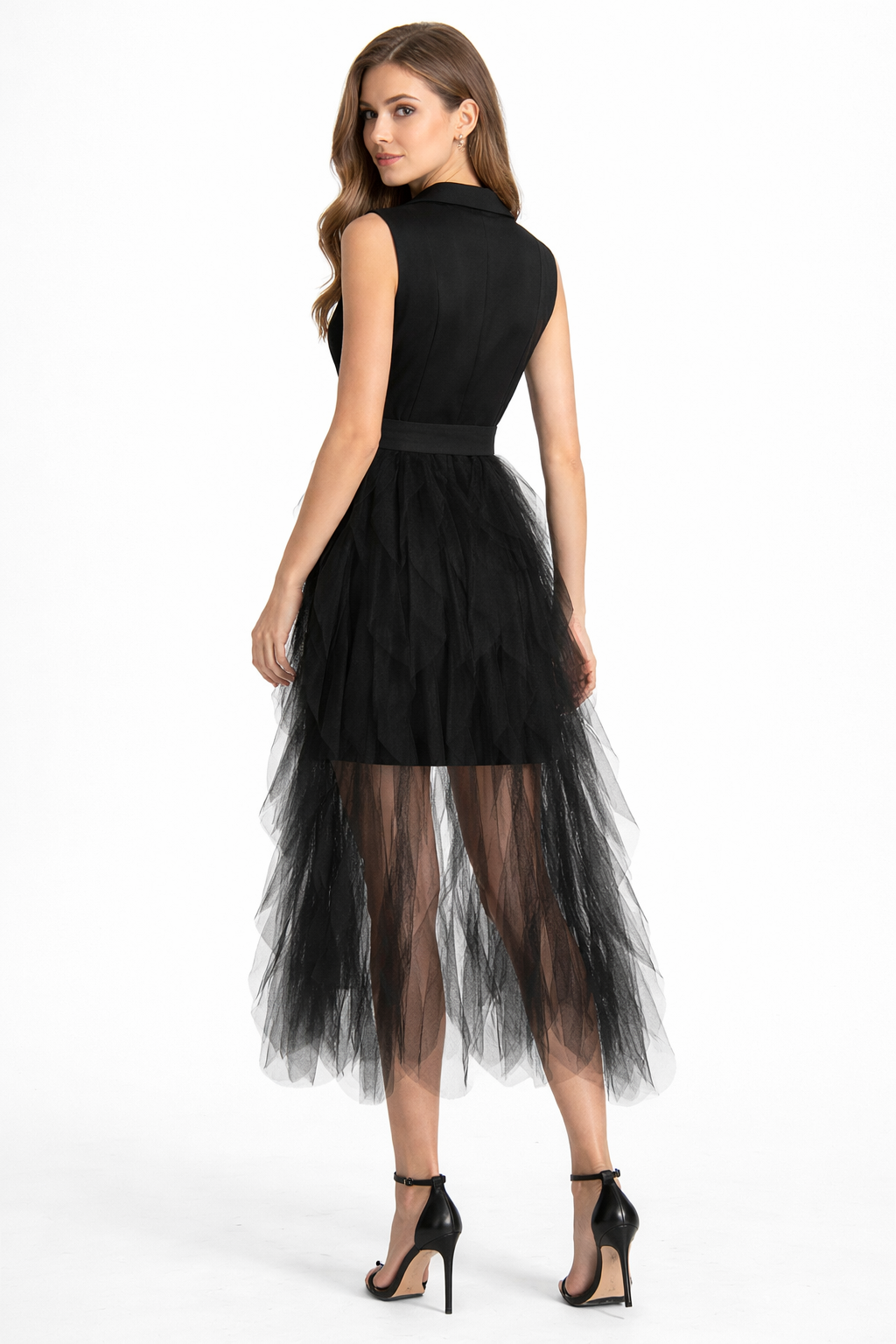 sleeveless blazer mini dress with tulle overlay – VELORA