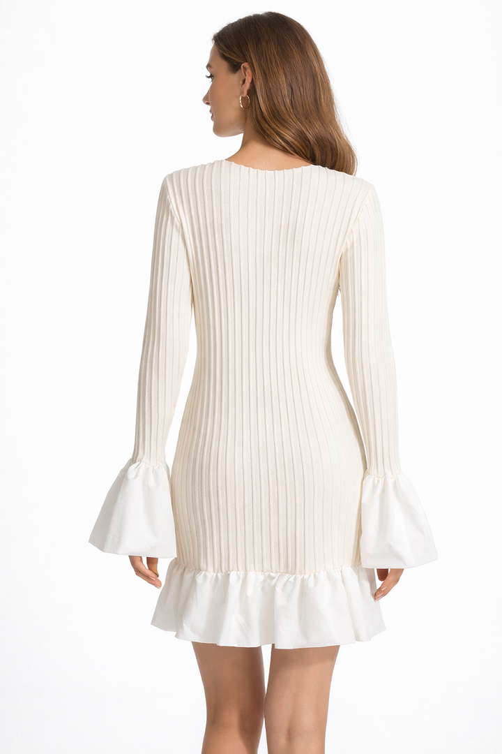 ribbed knit mini dress with flared cuff sleeves – IVORY