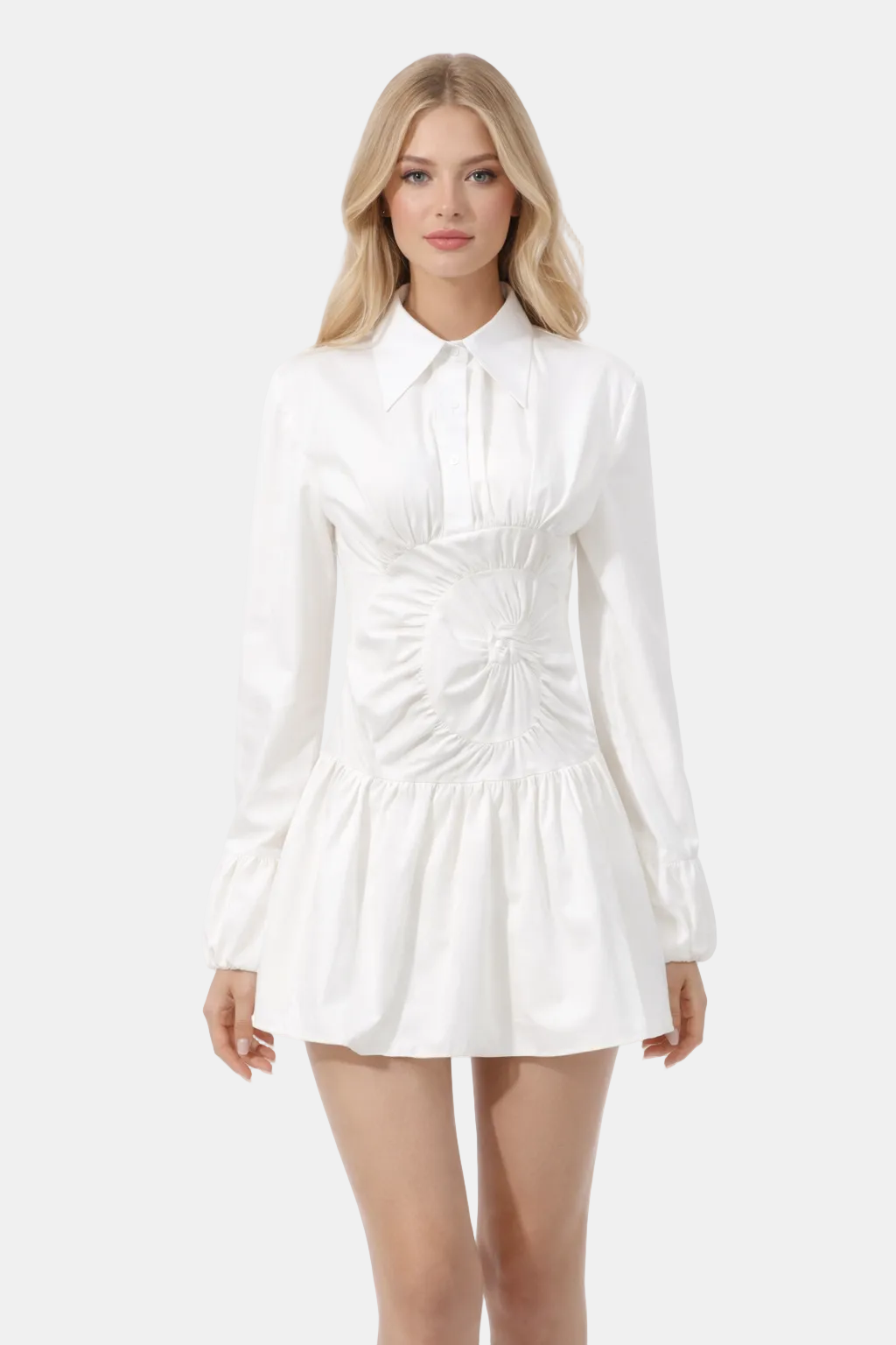 long-sleeve shirt dress with gathered sculpted waist – ISADORA
