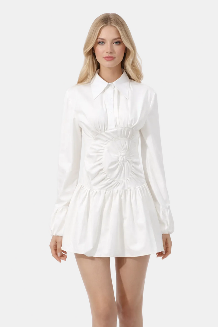 long-sleeve shirt dress with gathered sculpted waist – ISADORA
