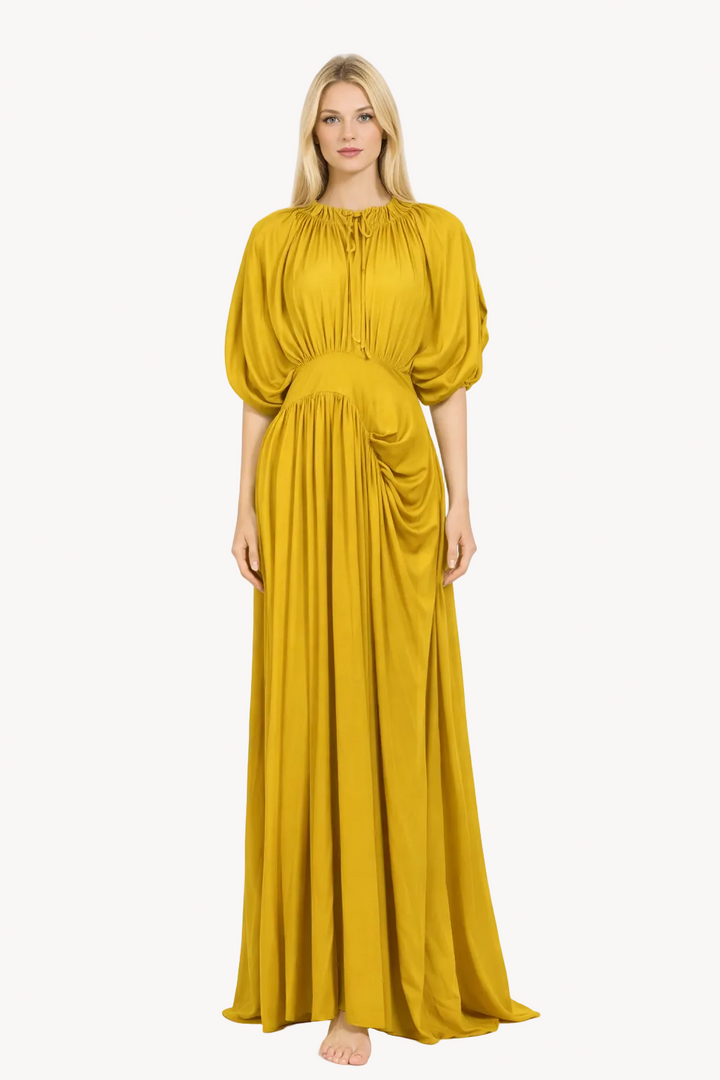 gathered high-neck maxi dress with draped waist – AURELINA