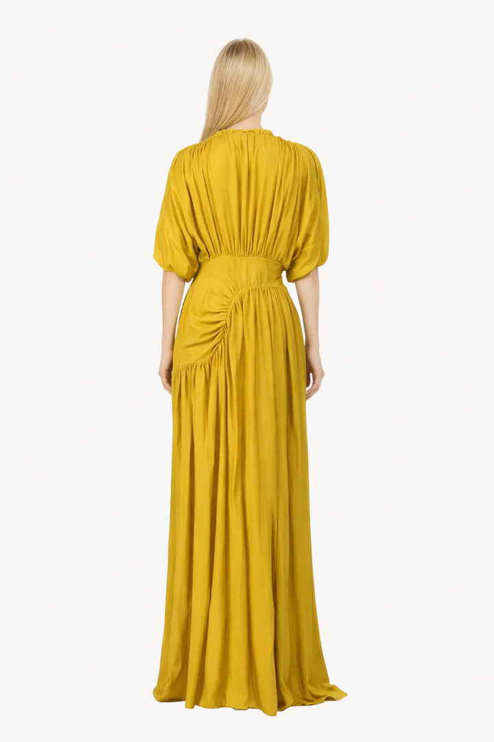 gathered high-neck maxi dress with draped waist – AURELINA