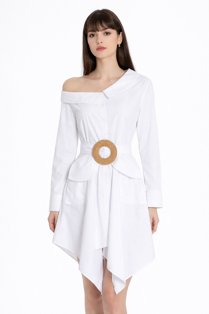 one-shoulder shirt dress with statement belt – ICON