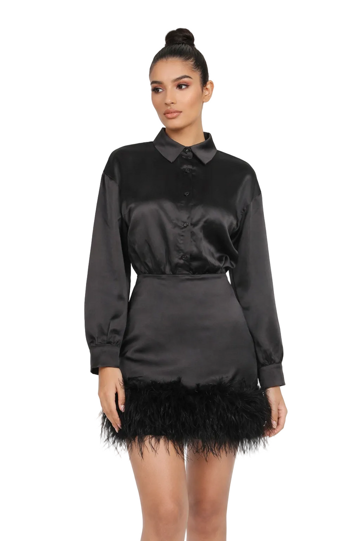 satin shirt mini dress with feather hem – CHARM