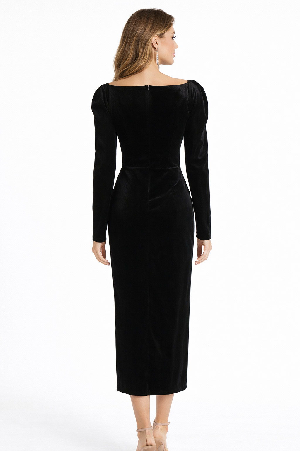 square-neck velvet midi dress with draped waist – ELEGANCE