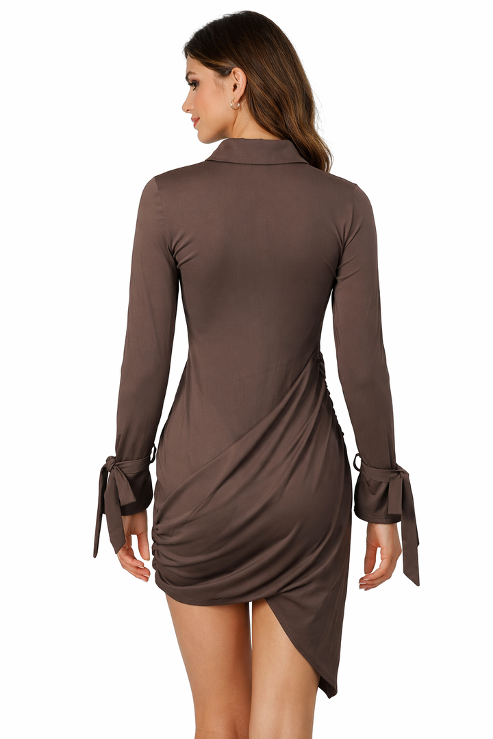 long sleeve collared ruched mini dress with button detail – MOCHA