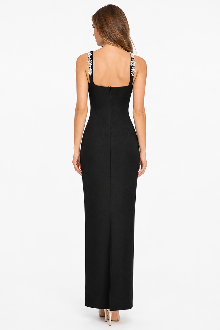one-shoulder column maxi dress with crystal floral trim – NOIR