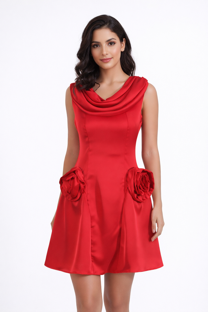 cowl neck mini dress with 3D rose accents – ROSALIA