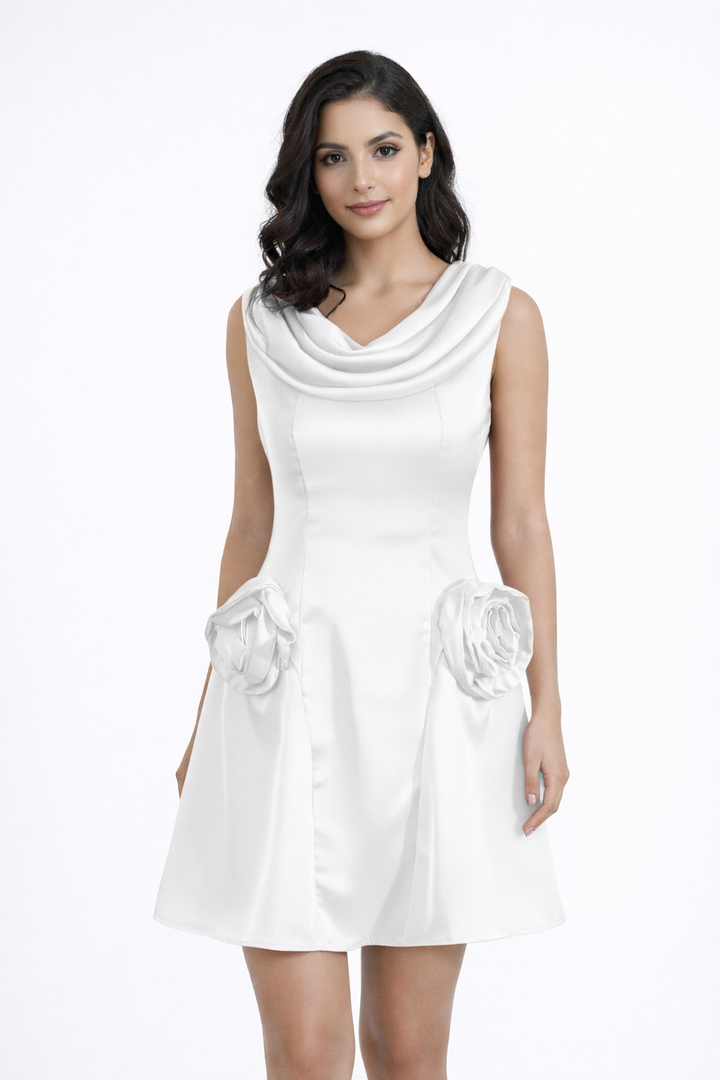cowl neck mini dress with 3D rose accents – ROSALIA