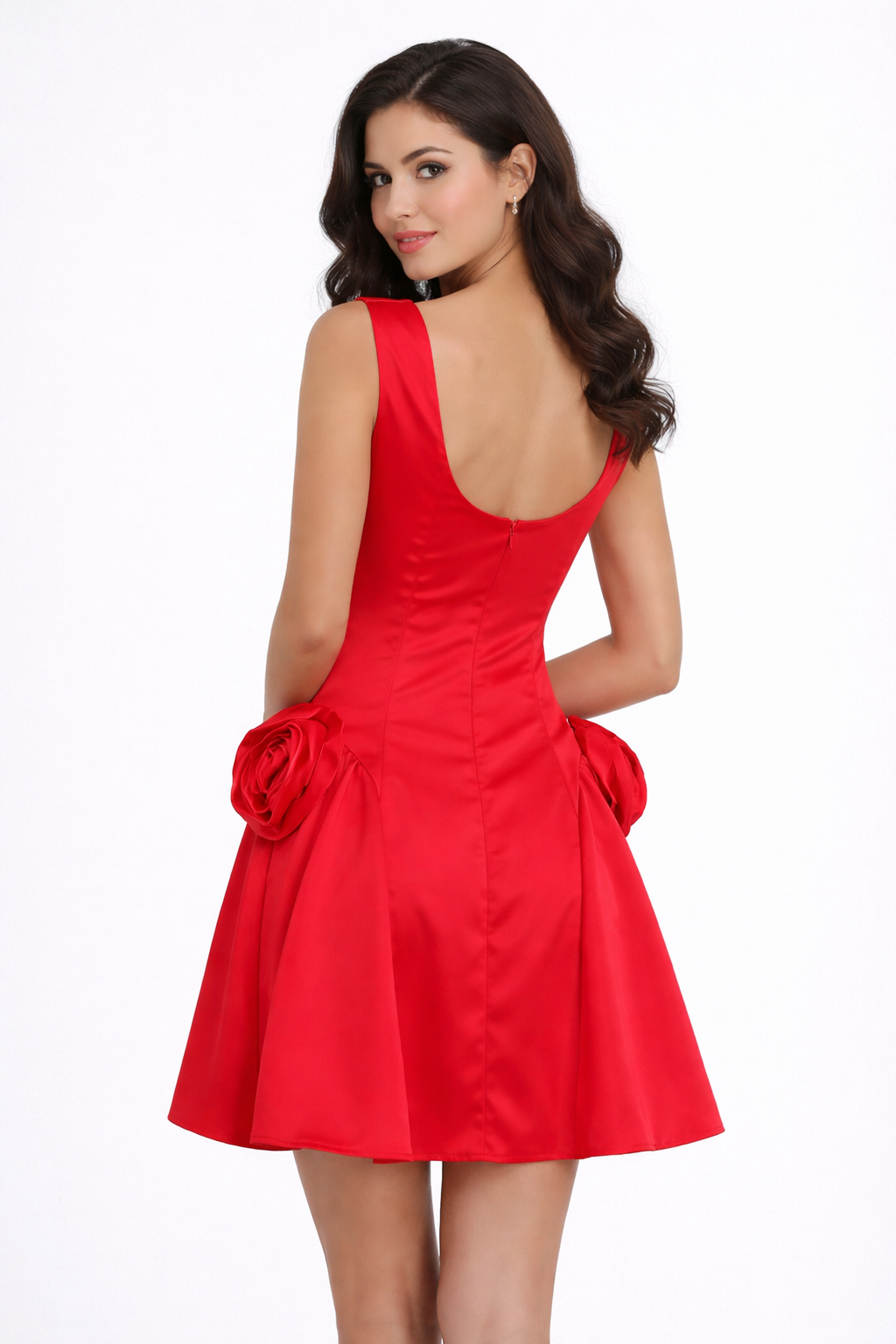 cowl neck mini dress with 3D rose accents – ROSALIA