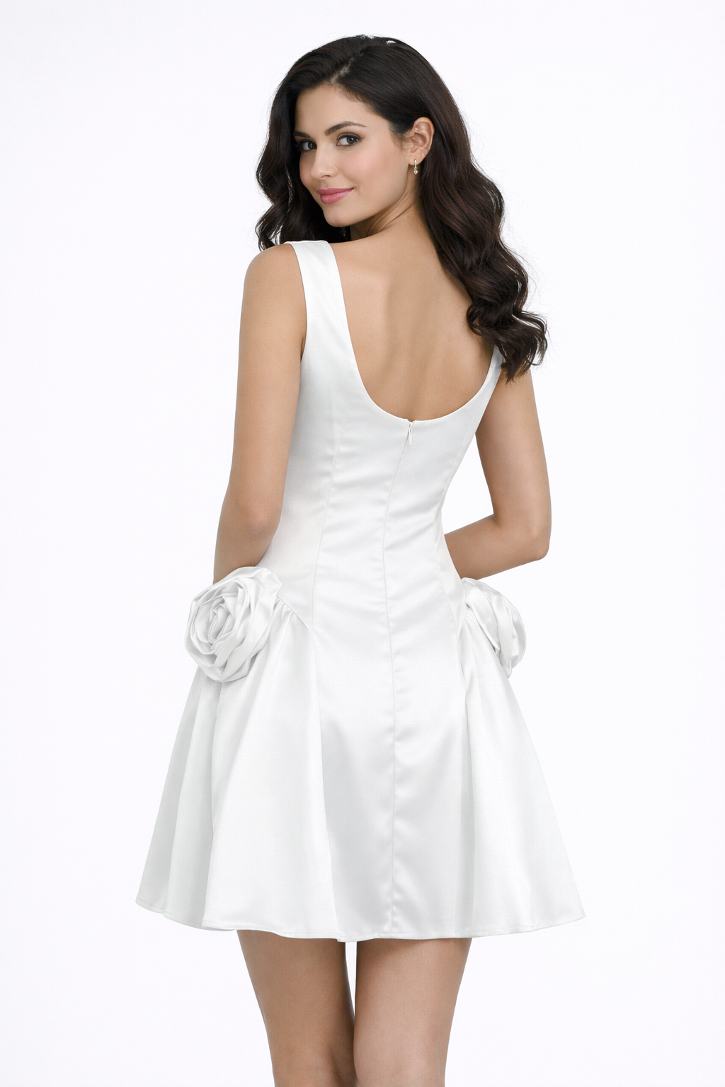cowl neck mini dress with 3D rose accents – ROSALIA