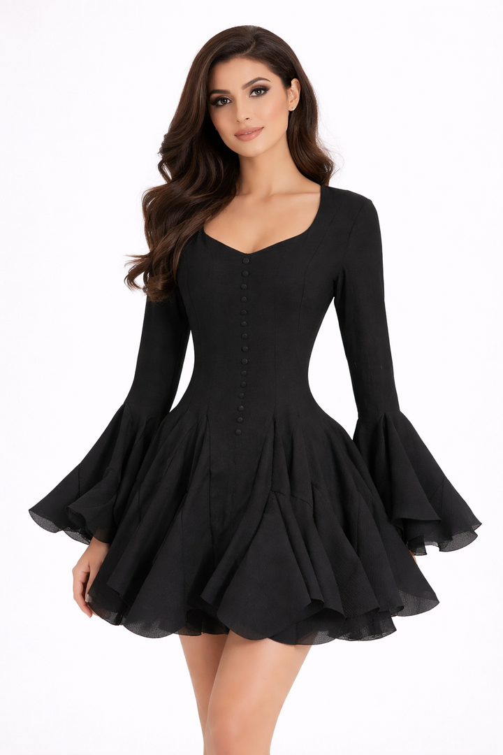 long sleeve fit & flare mini dress with layered hem – NOCTURA