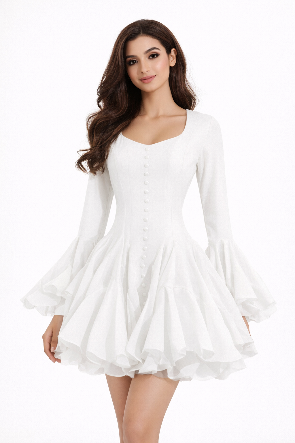 long sleeve fit & flare mini dress with layered hem – NOCTURA