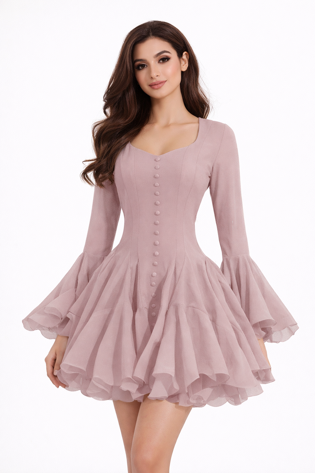 long sleeve fit & flare mini dress with layered hem – NOCTURA