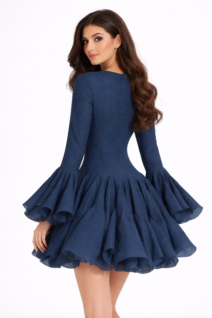 long sleeve fit & flare mini dress with layered hem – NOCTURA