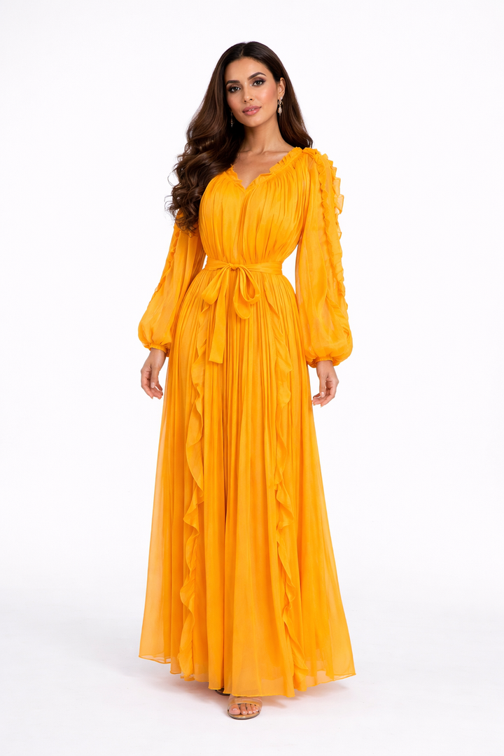 ruffle trim belted chiffon maxi dress – RUBINA