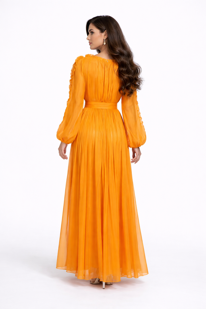 ruffle trim belted chiffon maxi dress – RUBINA