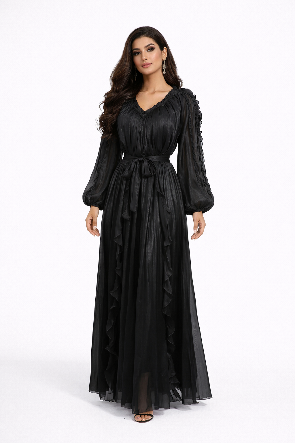 ruffle trim belted chiffon maxi dress – RUBINA