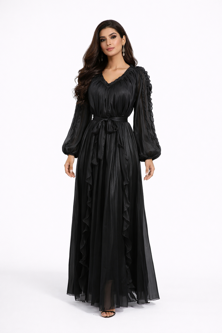 ruffle trim belted chiffon maxi dress – RUBINA