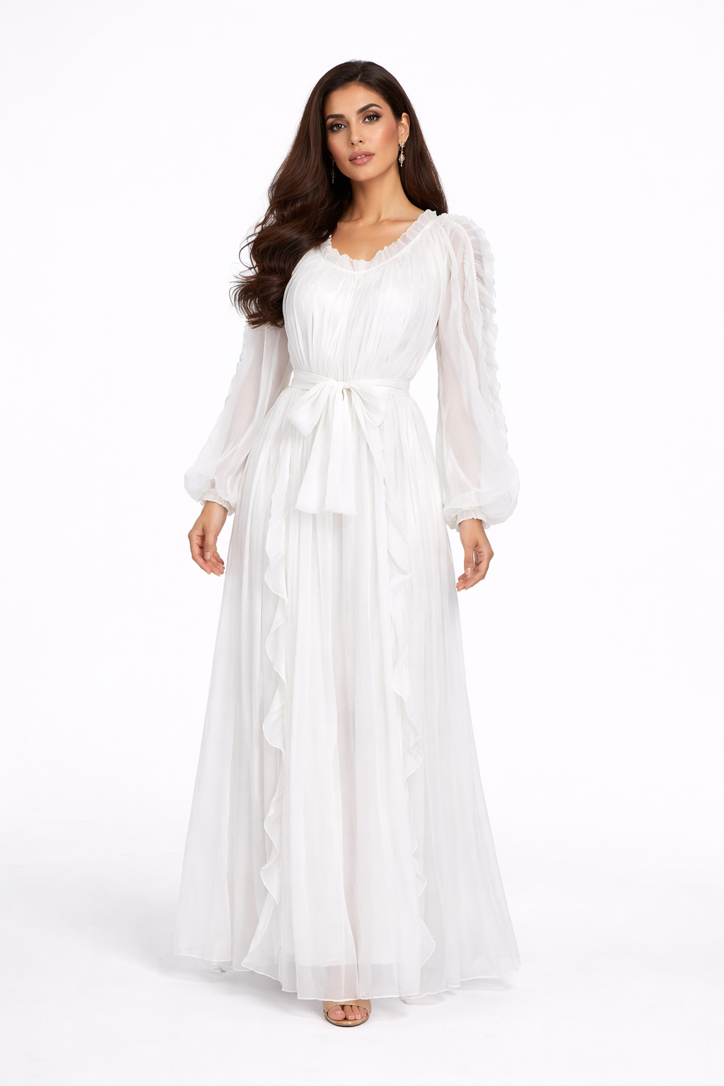 ruffle trim belted chiffon maxi dress – RUBINA