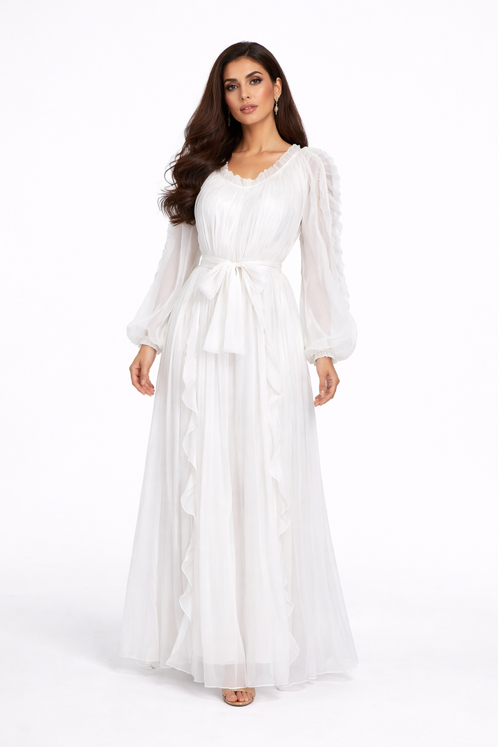 ruffle trim belted chiffon maxi dress – RUBINA