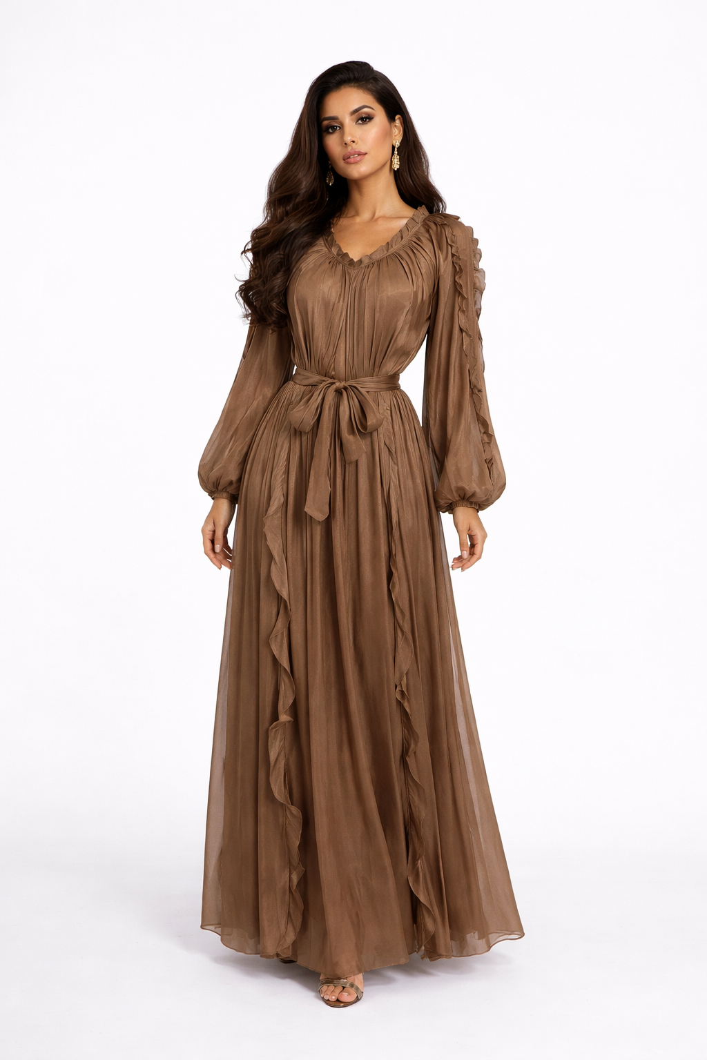 ruffle trim belted chiffon maxi dress – RUBINA