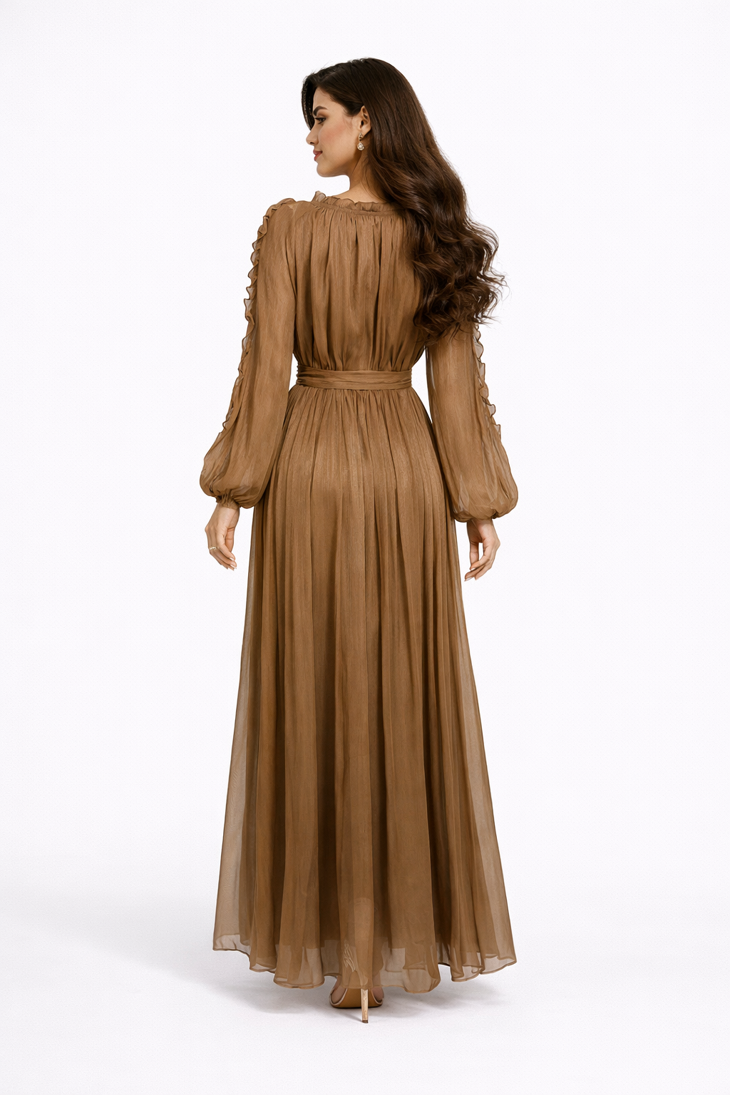 ruffle trim belted chiffon maxi dress – RUBINA