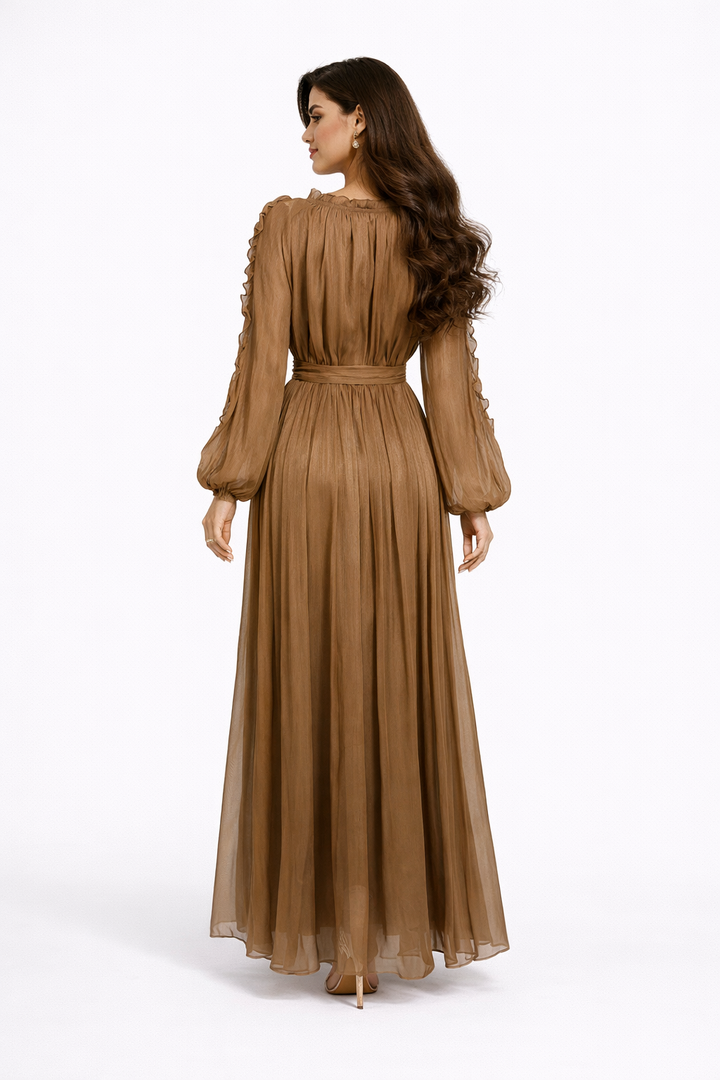 ruffle trim belted chiffon maxi dress – RUBINA