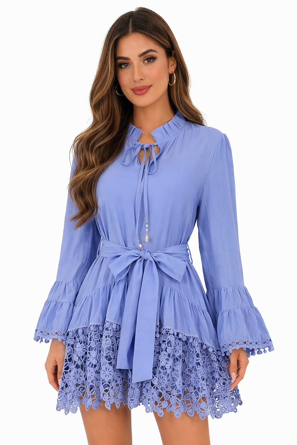 lace hem belted mini dress with ruffle neckline – SANDRÉ