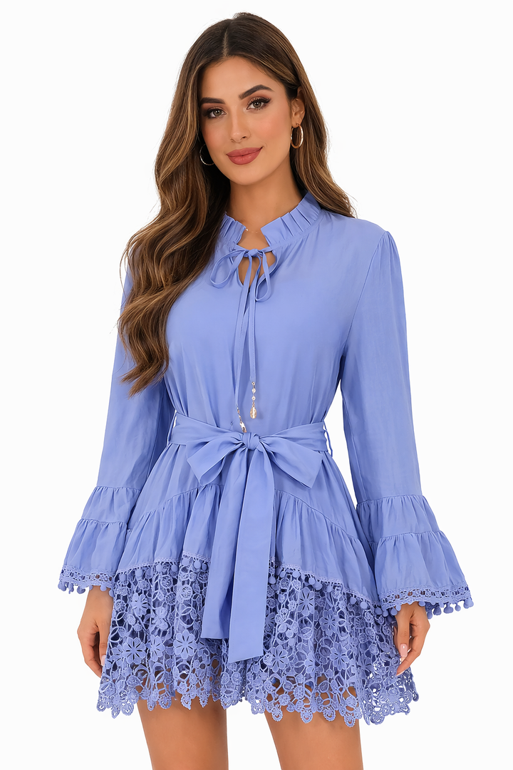 lace hem belted mini dress with ruffle neckline – SANDRÉ