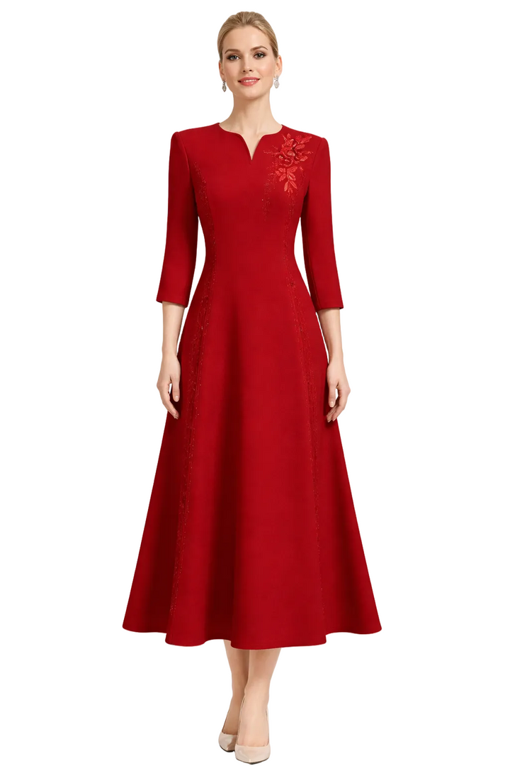 midi A-line dress with embroidered chest detail – CRIMSON