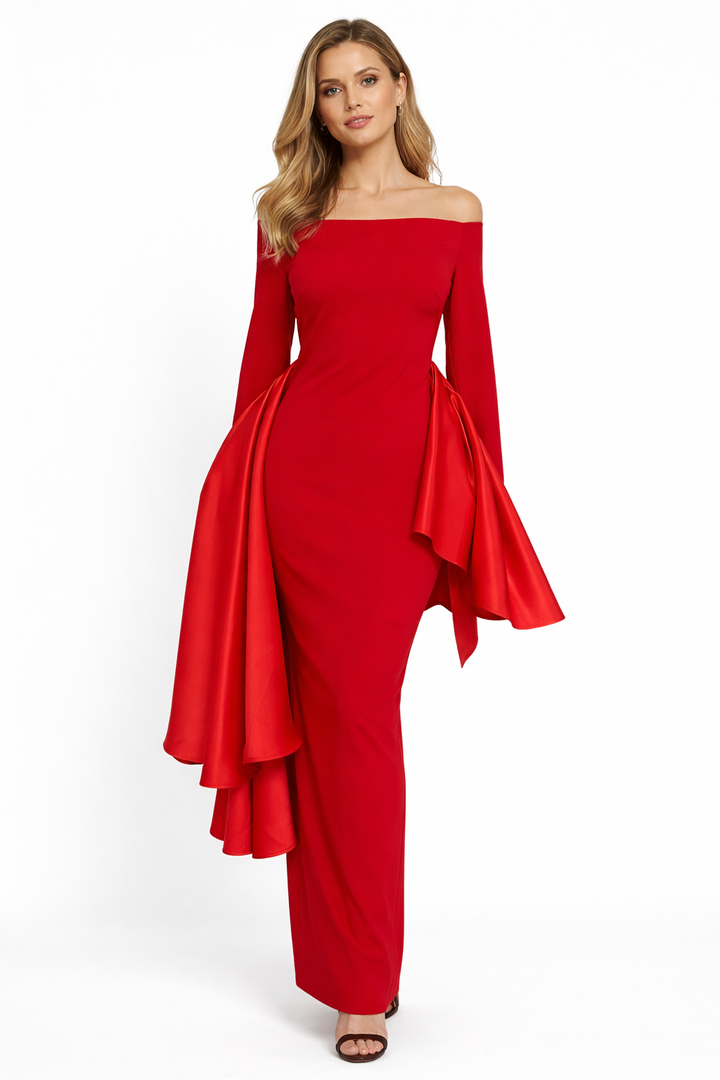 long-sleeve column dress with asymmetric draped panels – KIANA