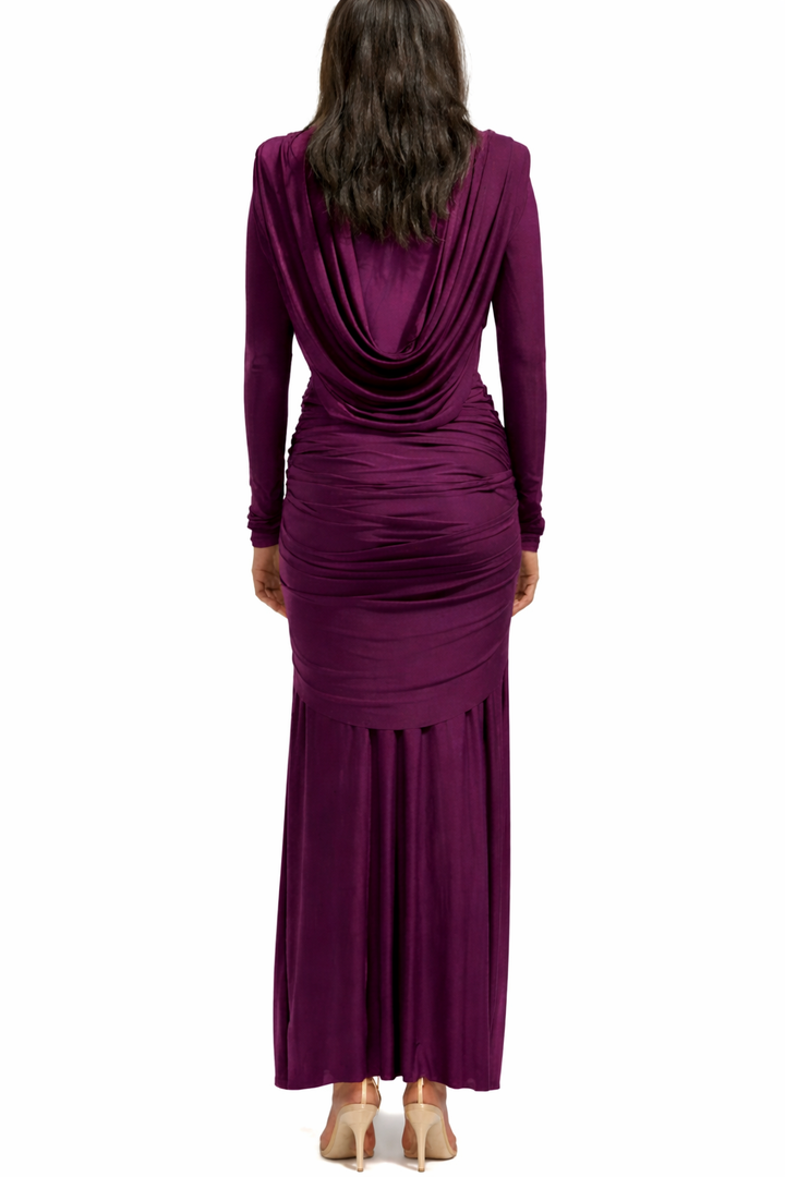 Draped high-neck gown with gathered detailing – AMARA