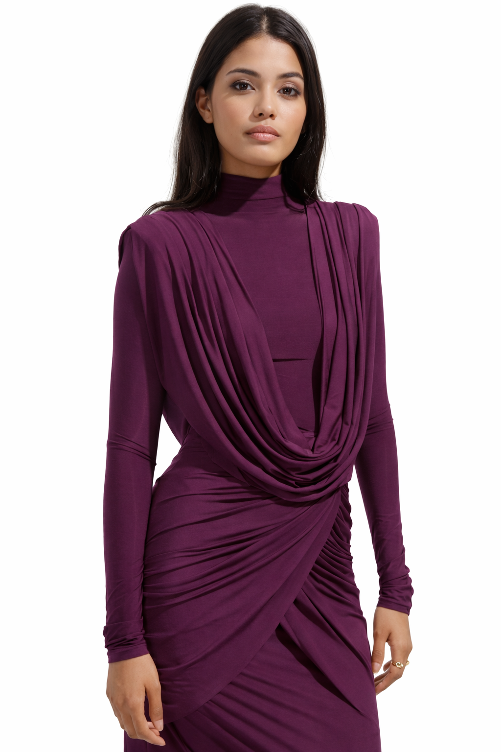 Draped high-neck gown with gathered detailing – AMARA