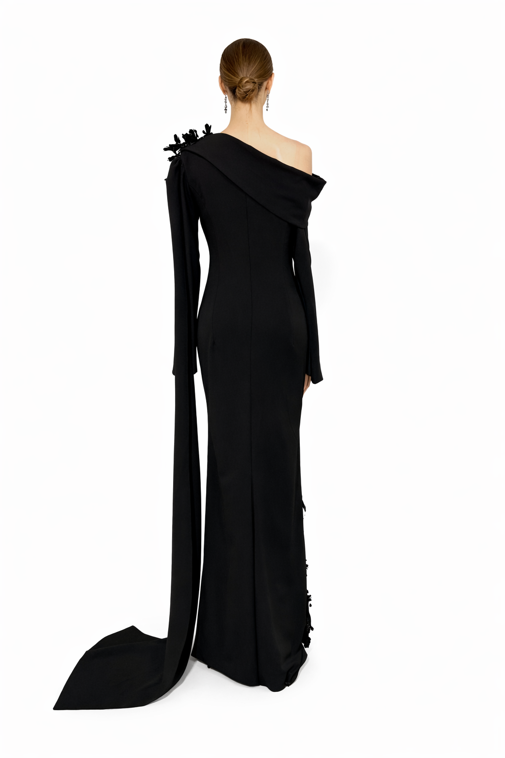 one-shoulder embellished gown with draped sash – CELVINA