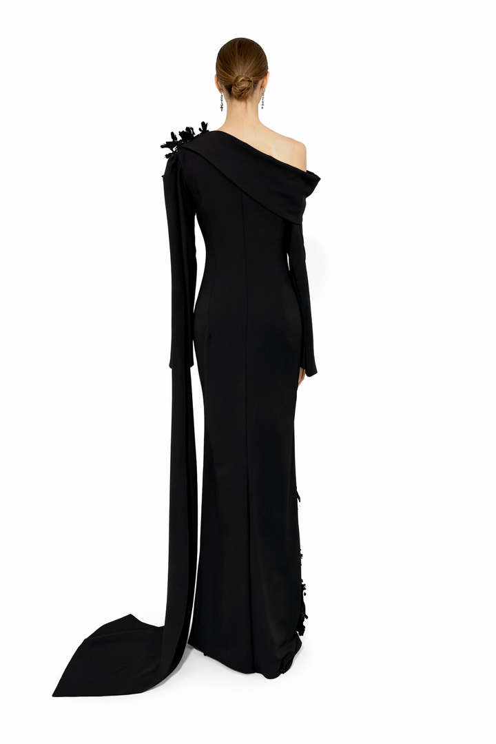 one-shoulder embellished gown with draped sash – CELVINA