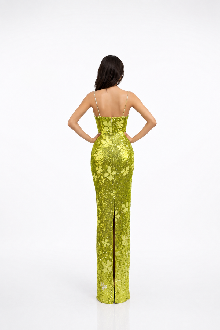 embellished corset maxi dress with floral appliqué – VERDÉA