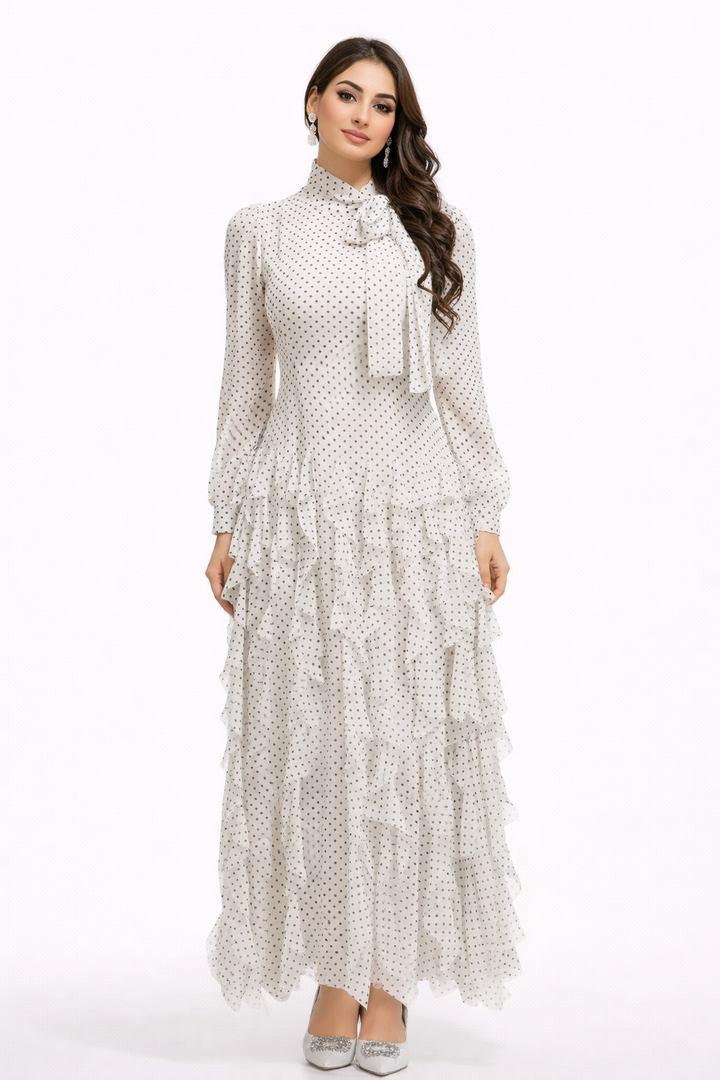 polka-dot chiffon maxi dress with tie-neck and tiered ruffles – ISOLDE
