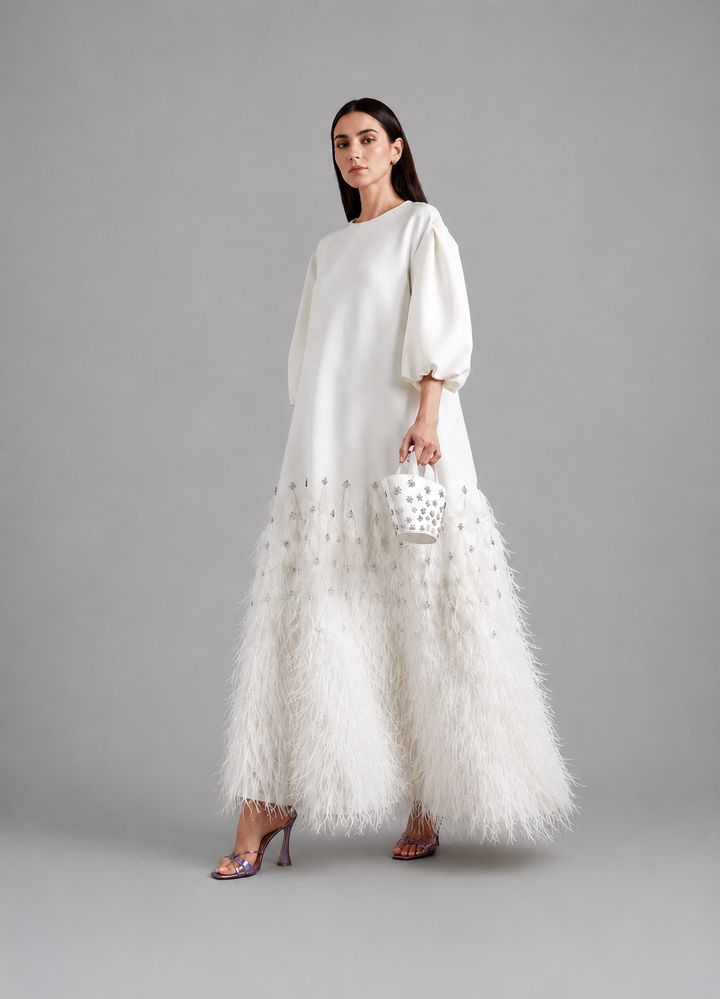feather-trim embellished gown in ivory – Suzynne