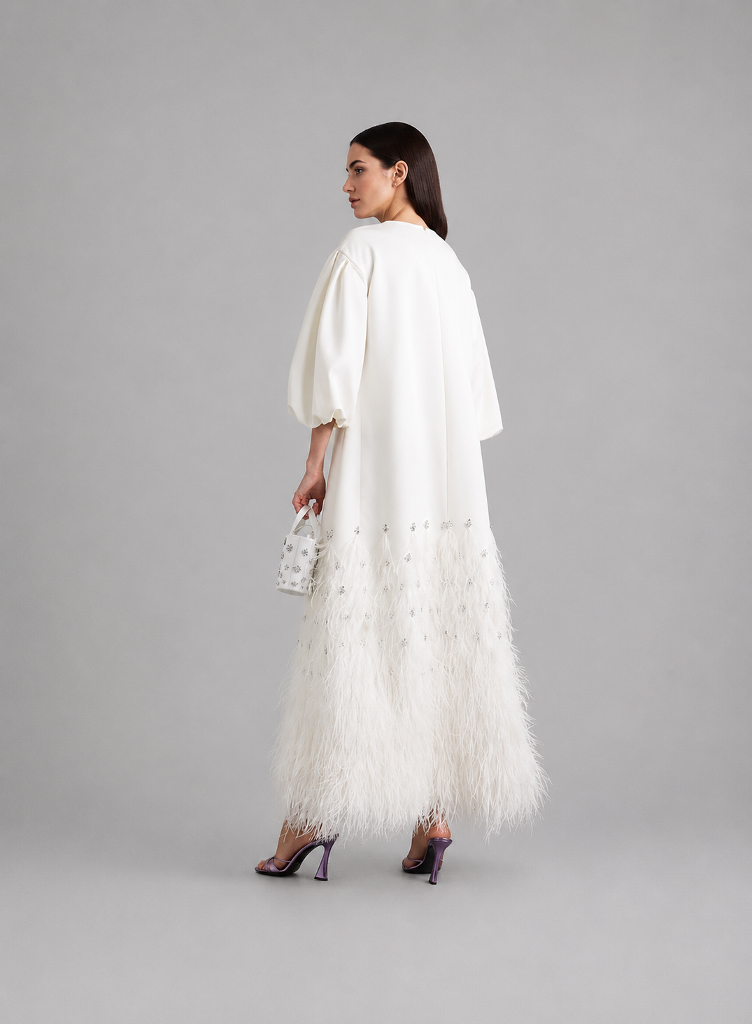 feather-trim embellished gown in ivory – Suzynne