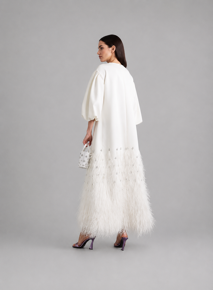 feather-trim embellished gown in ivory – Suzynne