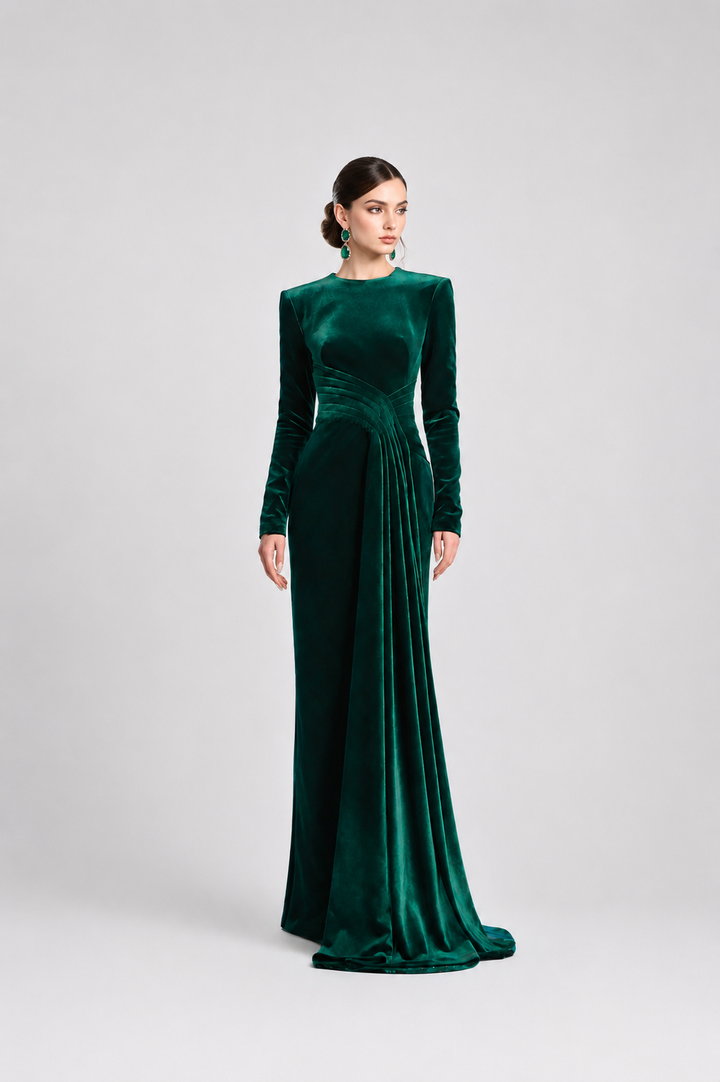 Long-sleeve velvet gown with draped waist – ODD- ENERALS