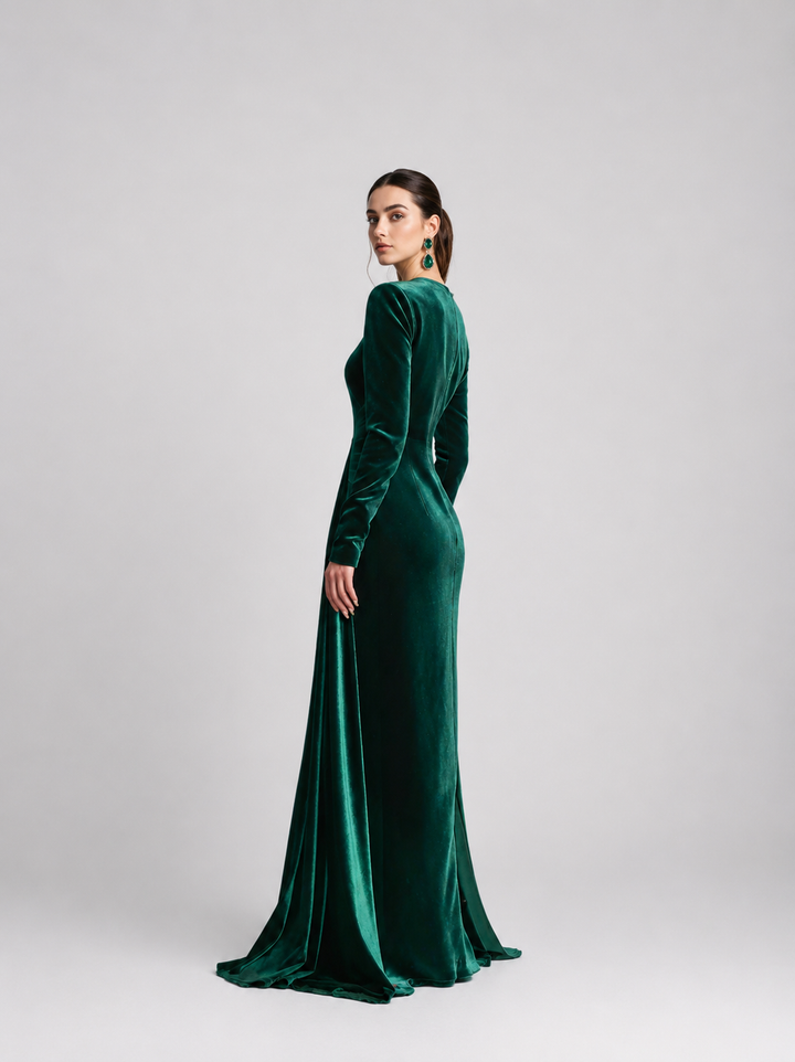 Long-sleeve velvet gown with draped waist – ODD- ENERALS