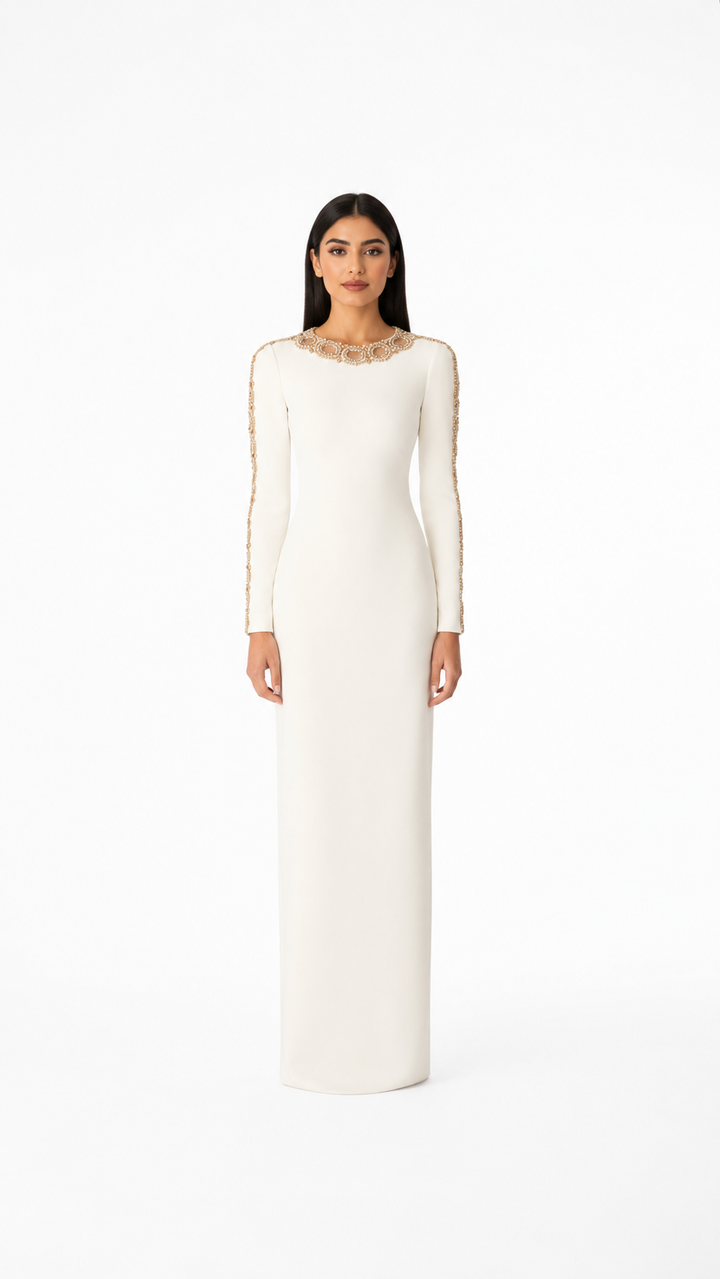 long-sleeve column dress with embellished neckline – AUREANU