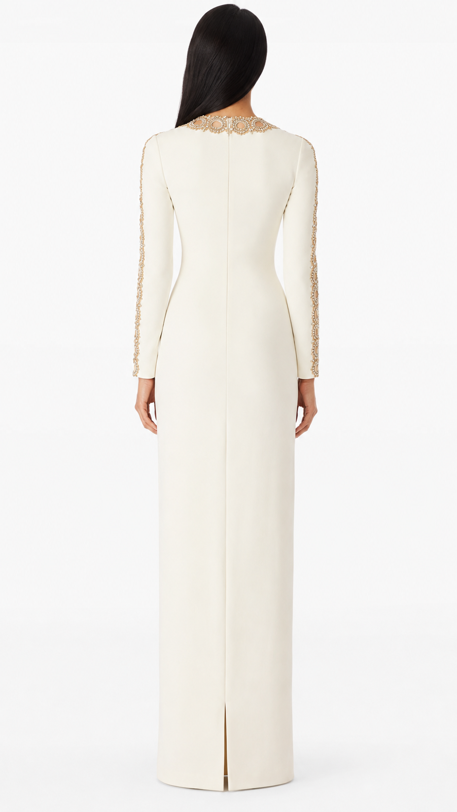 long-sleeve column dress with embellished neckline – AUREANU