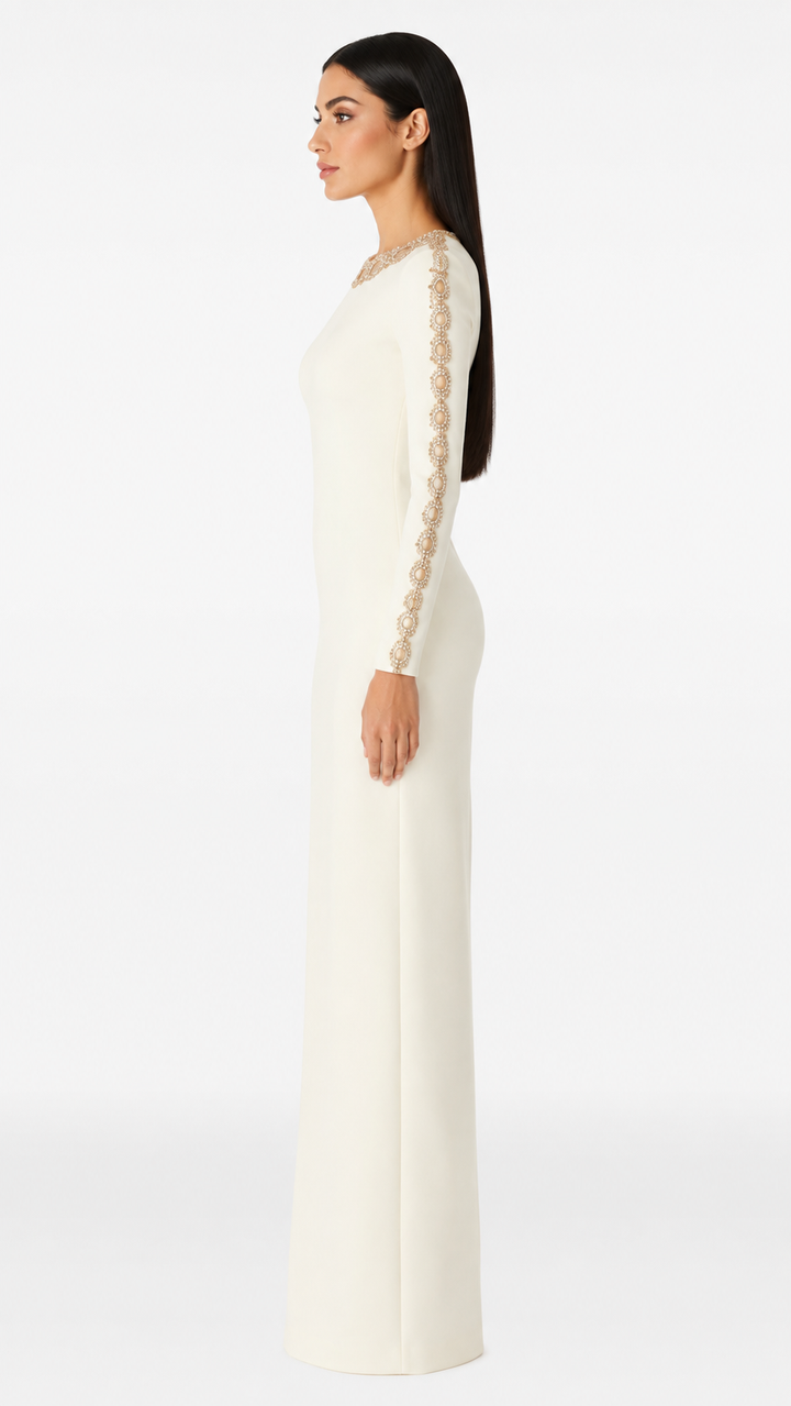 long-sleeve column dress with embellished neckline – AUREANU